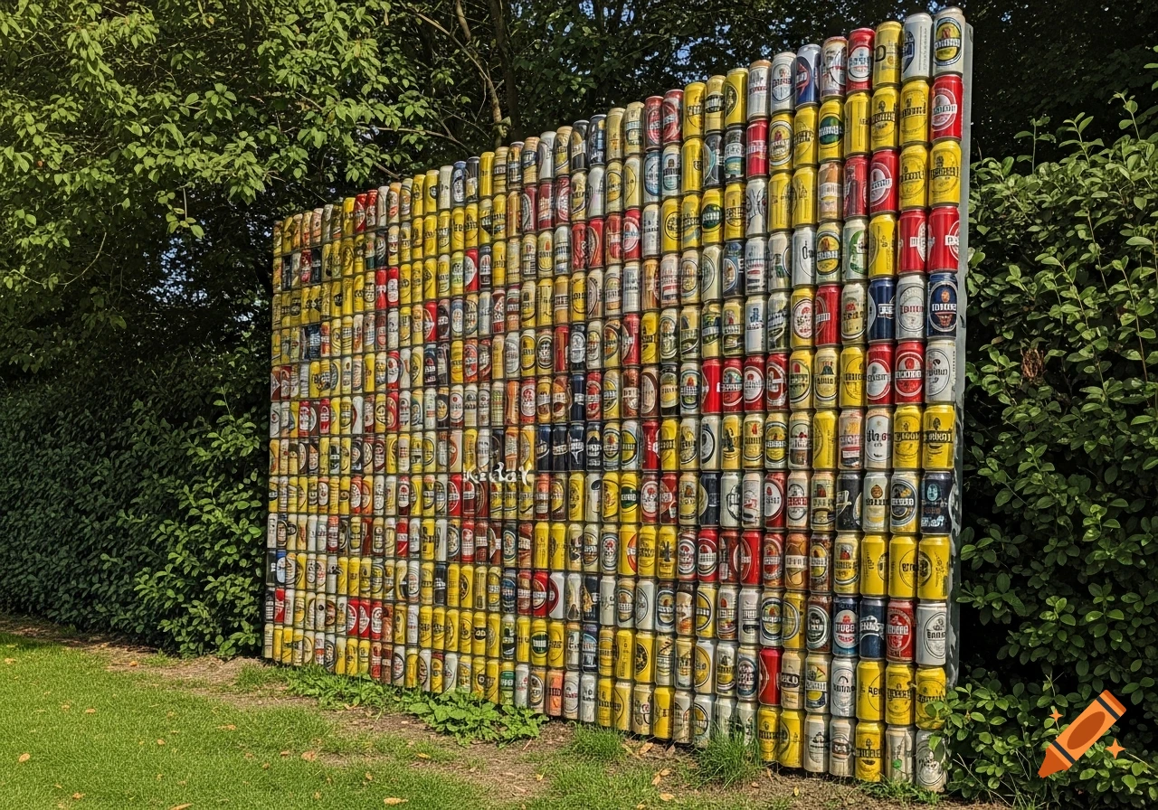 A large outdoor wall constructed entirely from many yellow, red, and white beer cans, surrounded by green grass and foliage.