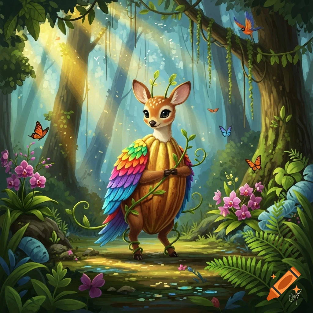 A cute deer-like creature with a cocoa pod body and rainbow wings stands in a sunlit forest with orchids and butterflies.