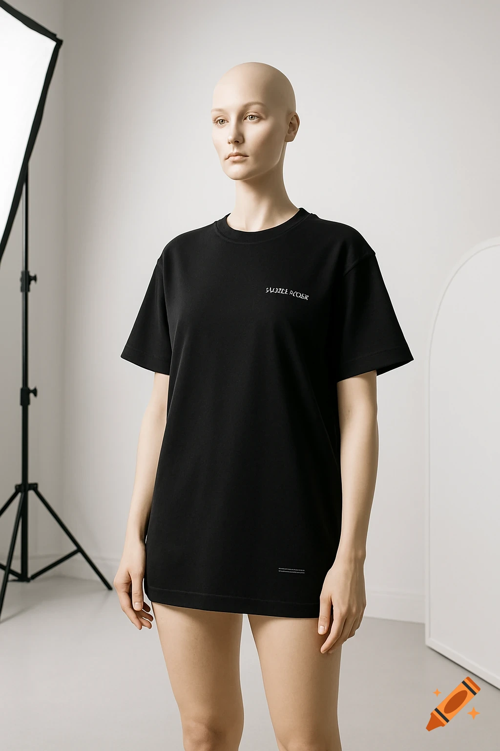 Photorealistic studio shot of a bald mannequin wearing an oversized black t-shirt and light shorts, standing next to a softbox.