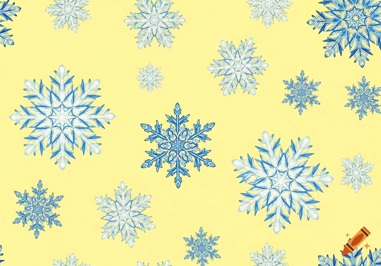 A soft yellow background covered with an assortment of stylized blue and white snowflakes in various sizes.