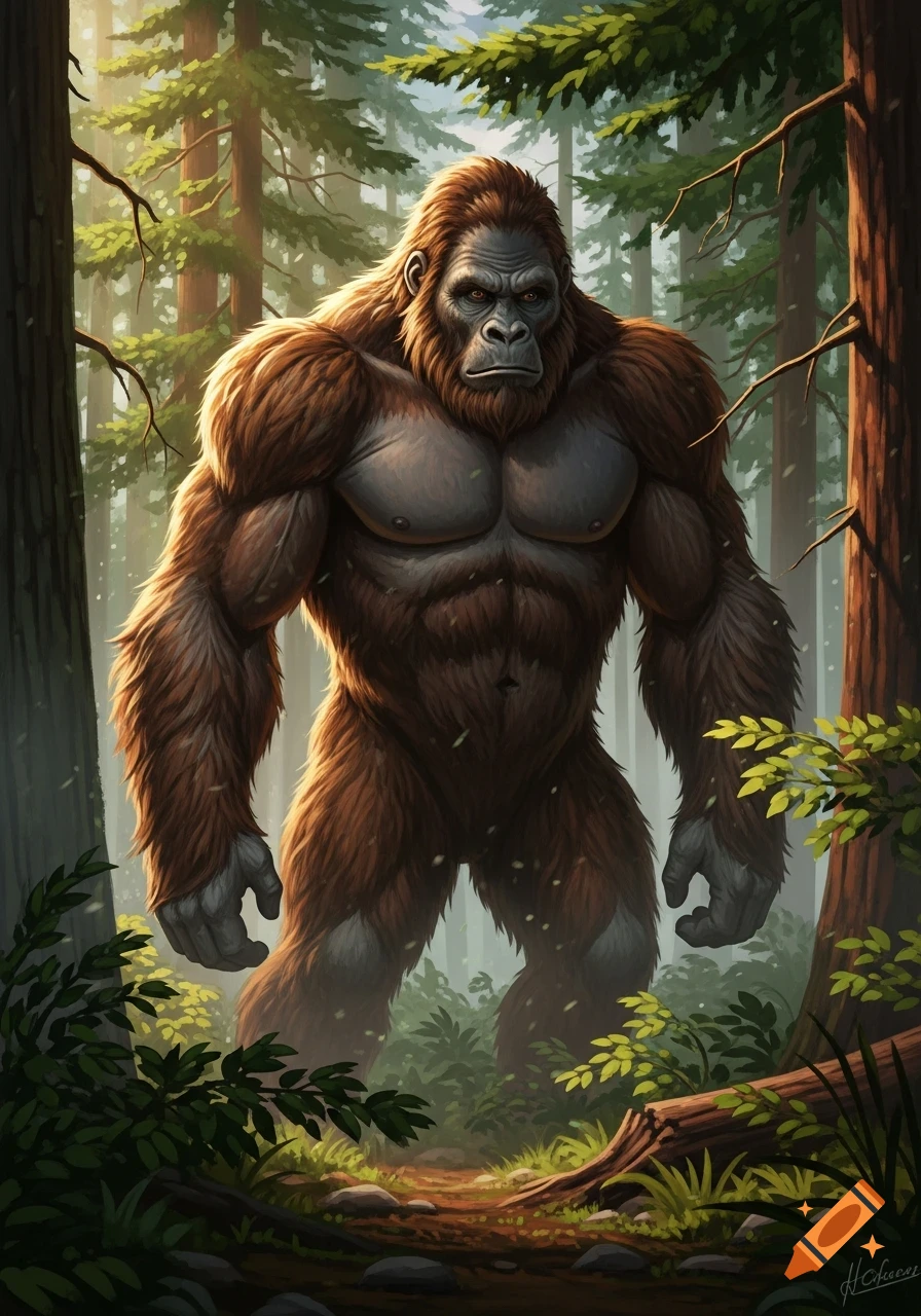 A large, muscular Bigfoot stands on a forest path, surrounded by tall trees and lush greenery, in a detailed illustration.