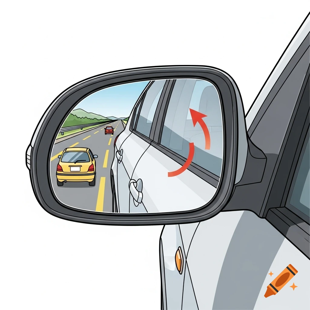 Cartoon illustration of a car's left side mirror showing a road with two cars behind and a red arrow indicating adjustment.