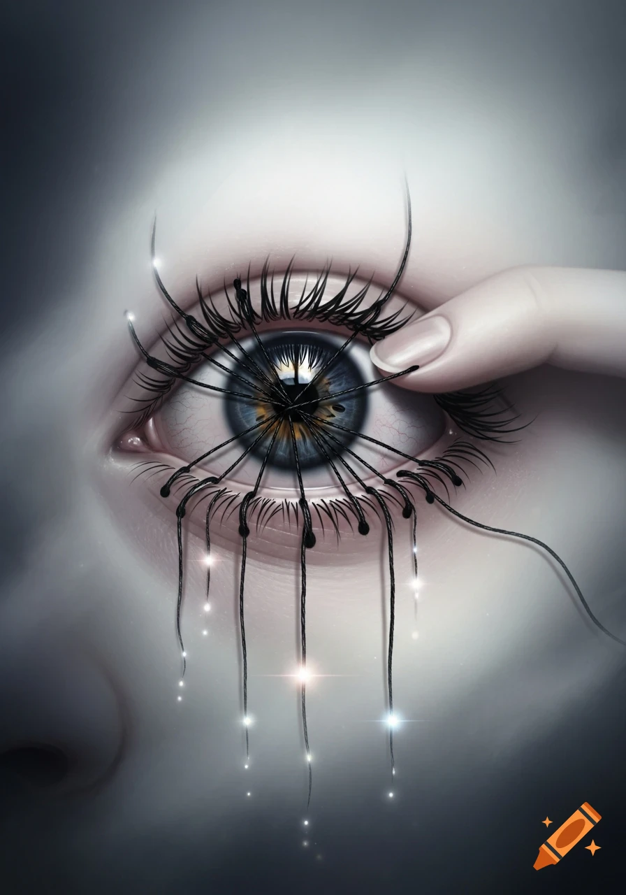 A close-up of a blue eye with black threads radiating from the pupil and eyelashes, some trailing down with lights, in a surreal digital art style.
