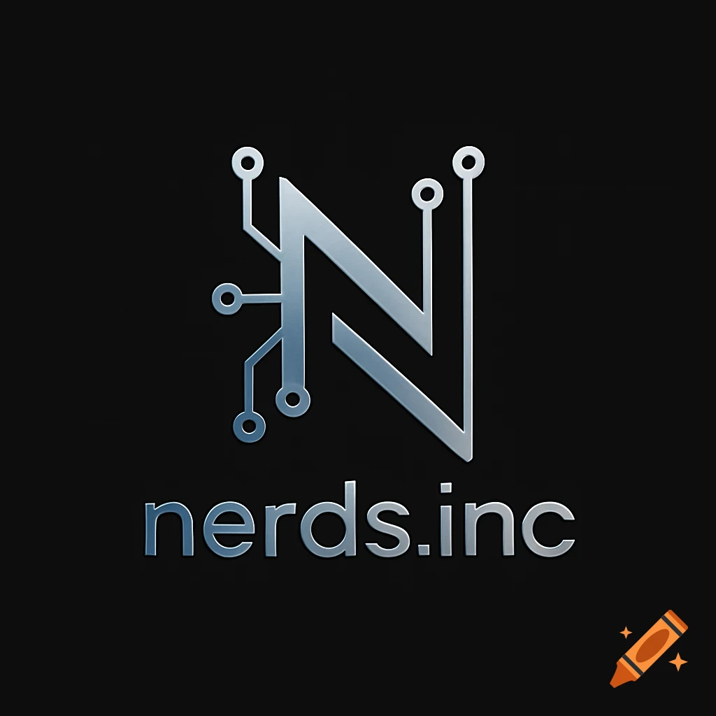 A metallic, stylized 'N' logo with circuit board elements, above the text 'nerds.inc' on a black background.