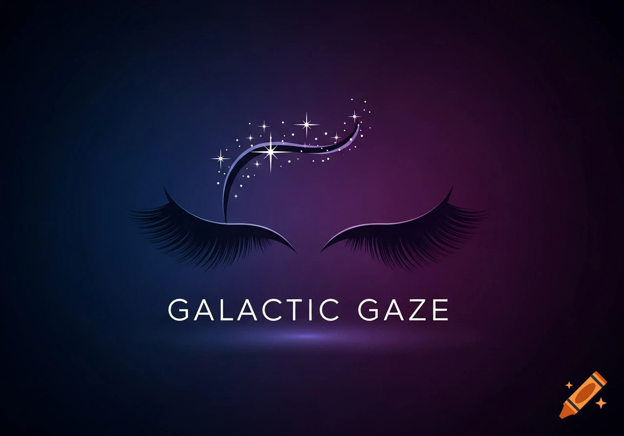 A logo with two stylized black eyelashes, a wavy line of sparkling stars above them, and the text 'GALACTIC GAZE' below, all on a blue and purple gradient background.