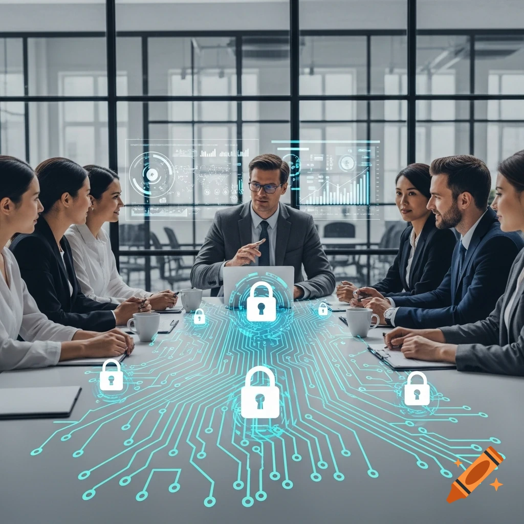 Business professionals in a meeting with a digital overlay of circuit patterns and lock icons, and data visualizations.