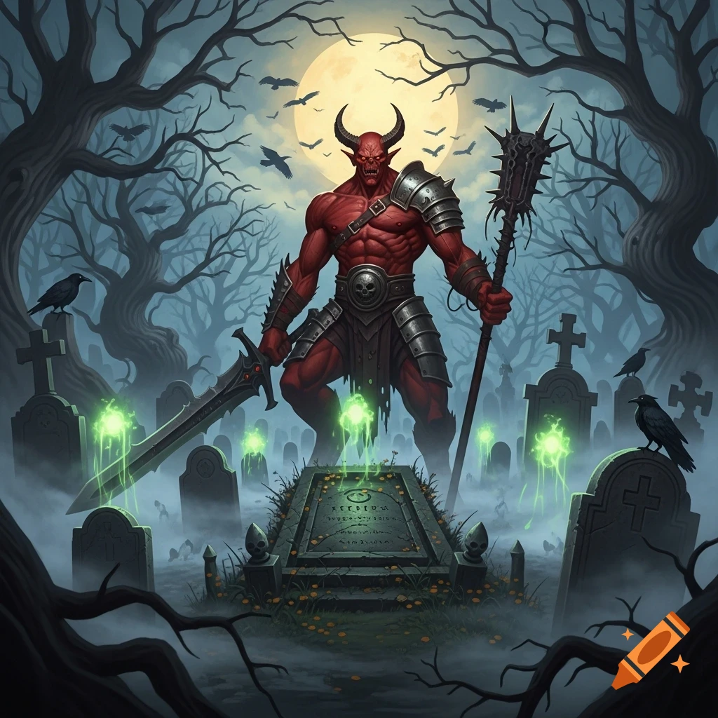 A muscular red demon with horns and armor stands in a misty, moonlit graveyard, holding a sword and mace. Ravens perch on gravestones.