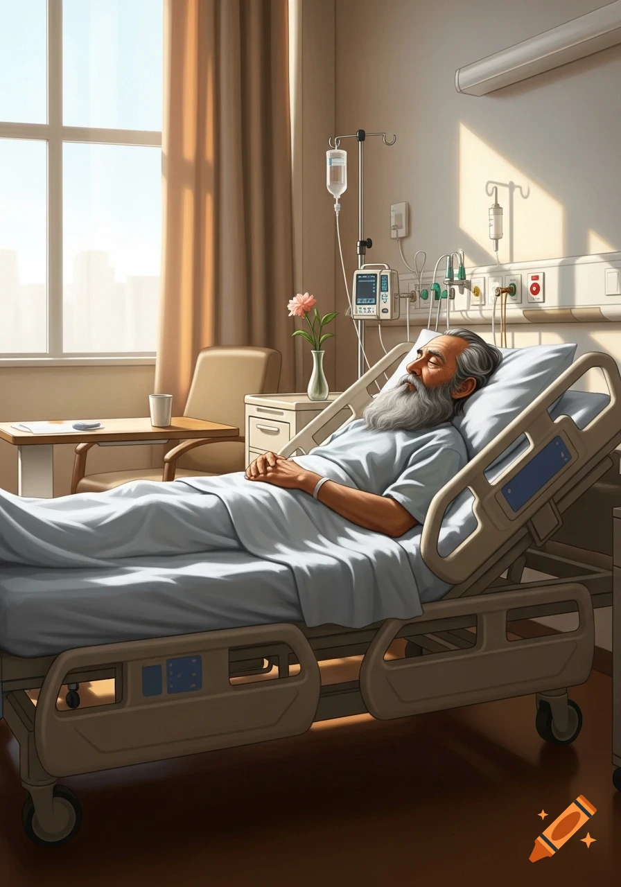 Elderly man with a long grey beard lying asleep in a hospital bed with an IV drip and medical equipment.
