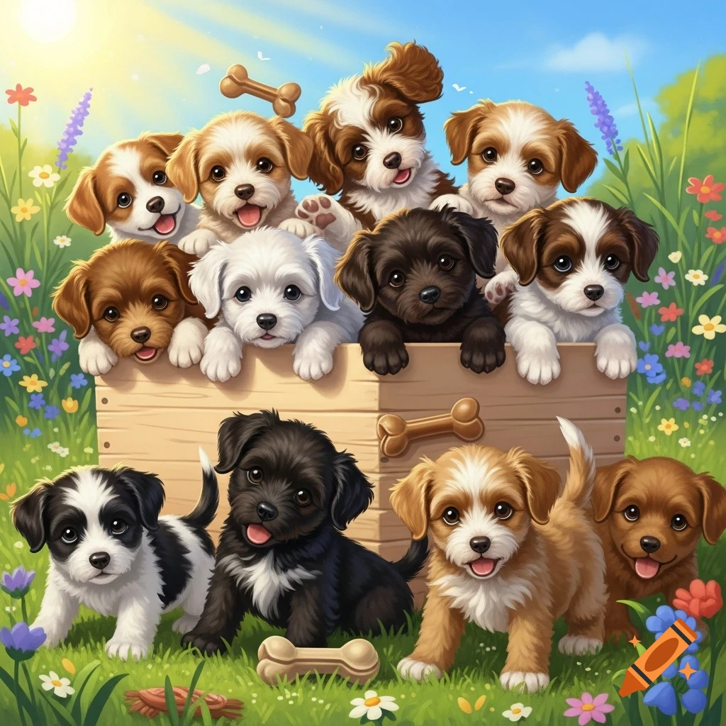 Numerous cute puppies of various colors peeking from a wooden box and playing in a sunny, flower-filled grassy field.