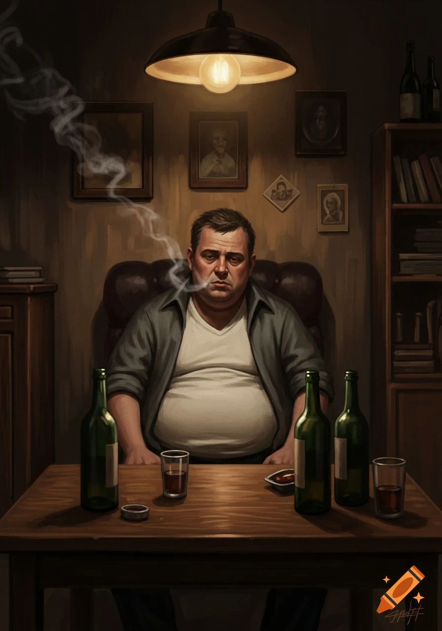 A somber, overweight man with small eyes sits at a table, smoking, with alcohol bottles in a dark room. Painting.