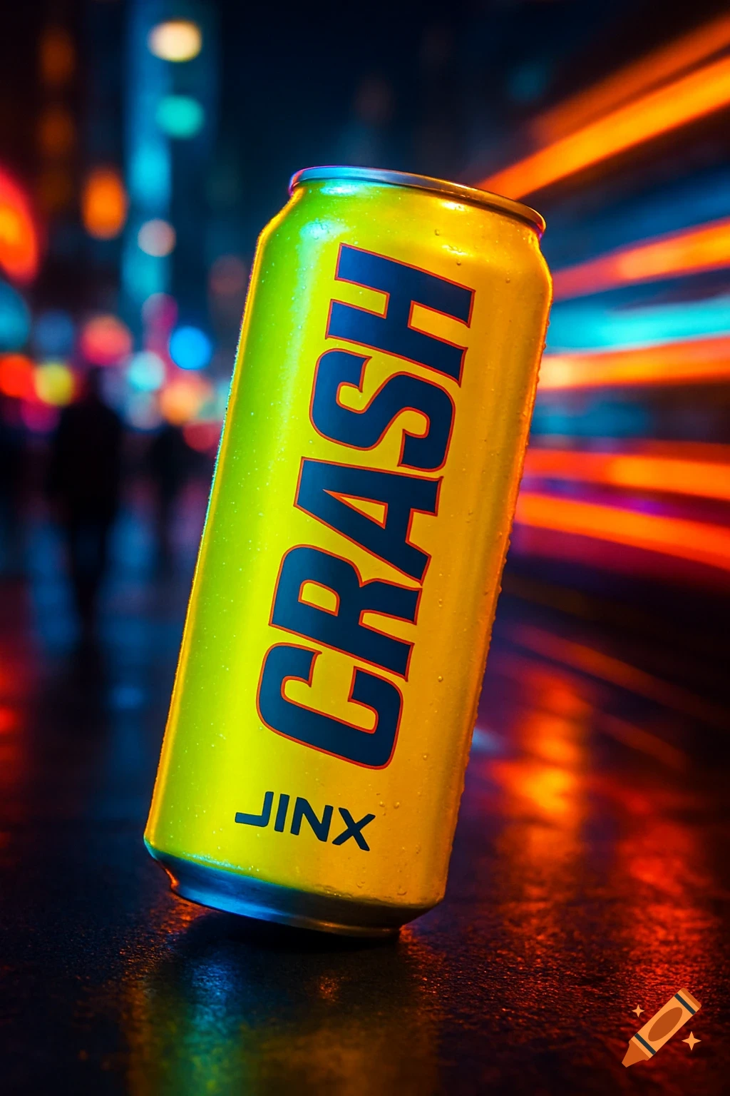 Photorealistic image of a yellow energy drink can labeled 'CRASH' and 'JINX' in a dark, wet urban setting with vibrant neon lights.