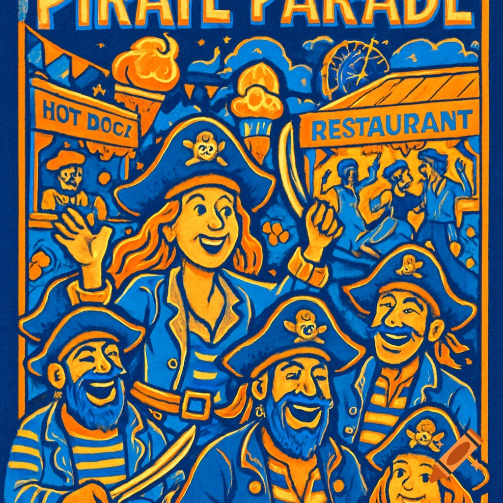 A vibrant cartoon poster in blue and orange depicts a cheerful pirate parade with people in pirate costumes, a hot dog stand, and a restaurant tent. Text reads "PIRATE PARADE", "HOT DOCZ", and "RESTAURANT".