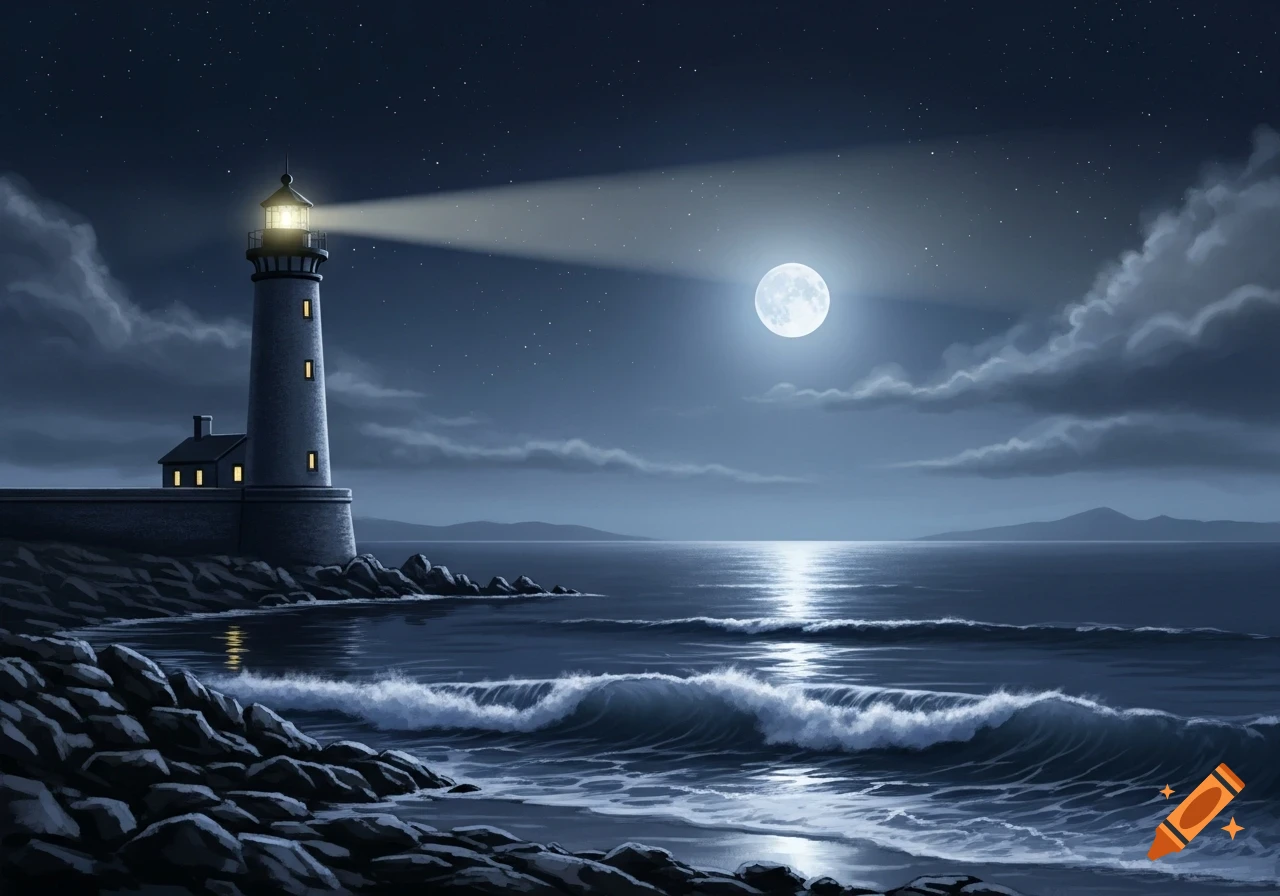 A lighthouse illuminates a rocky coastline under a full moon and starry night sky, with waves crashing on the shore.