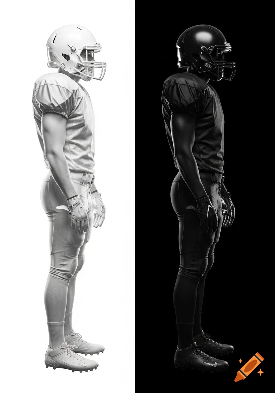 Side view of two photorealistic American football players, one in white uniform on white, one in black on black.