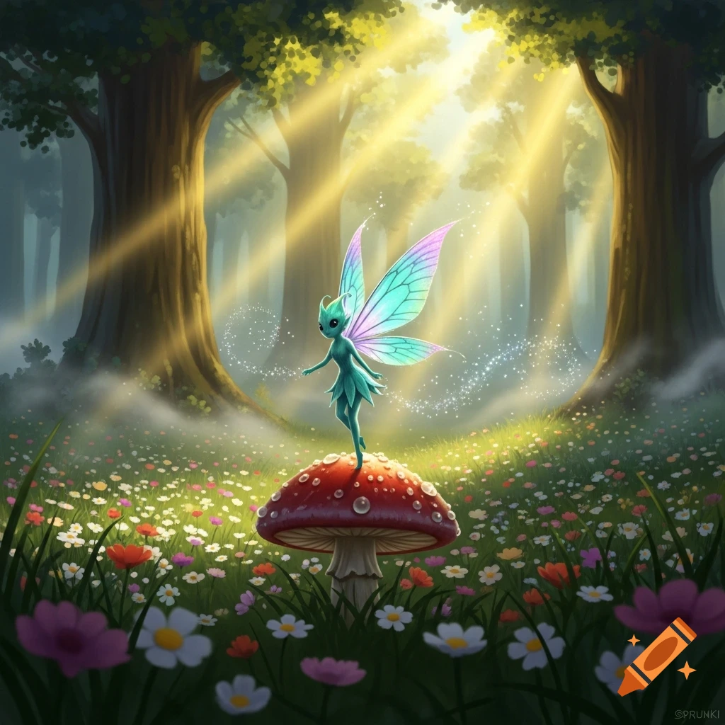 A tiny green fairy with translucent iridescent wings stands on a red mushroom in a sun-dappled magical forest filled with wildflowers.