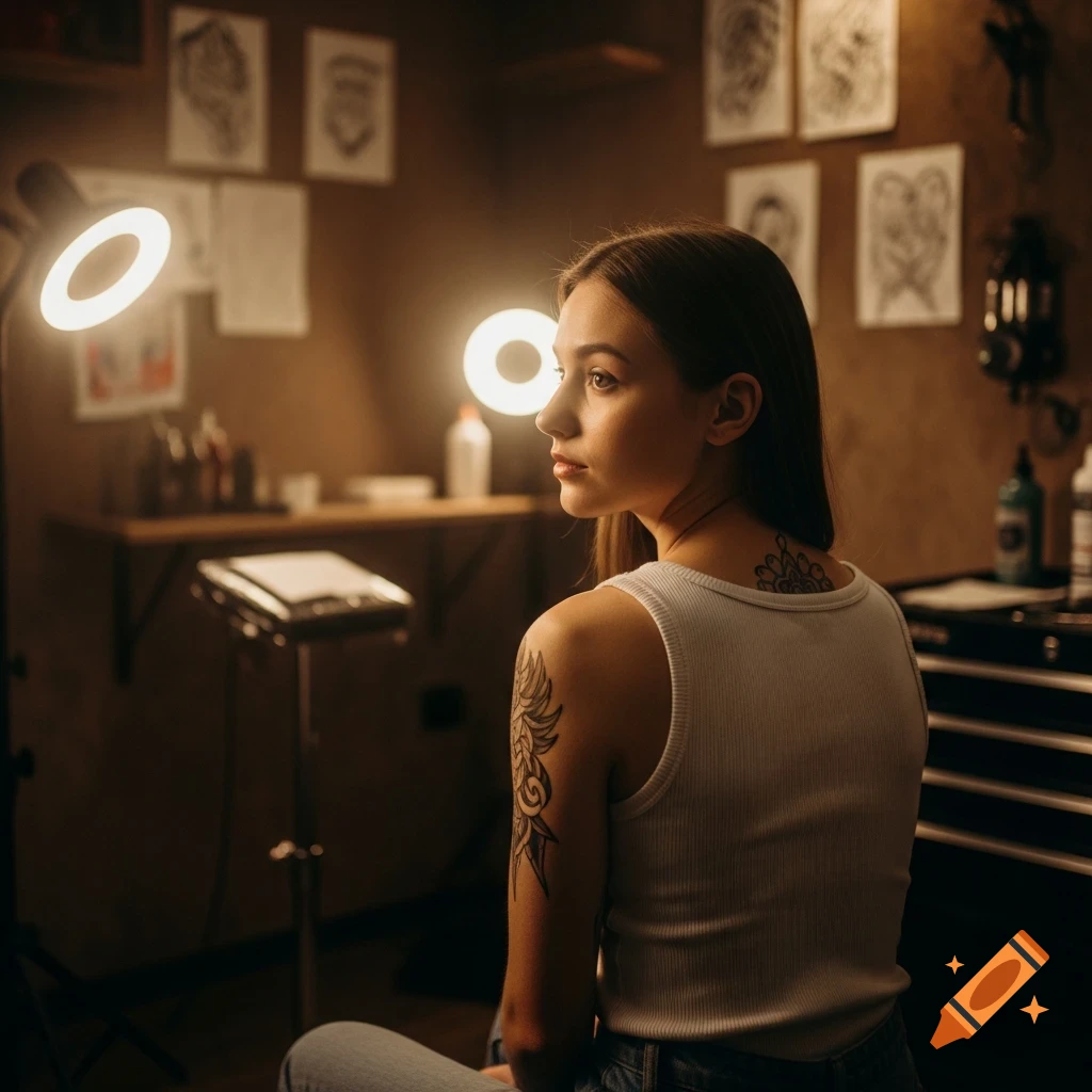A young woman with tattoos sits in a softly lit tattoo studio, looking to the side.