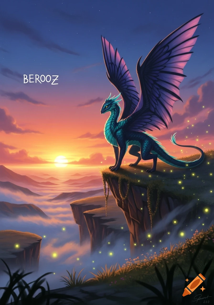 A majestic teal and purple dragon with large wings stands on a cliff ...