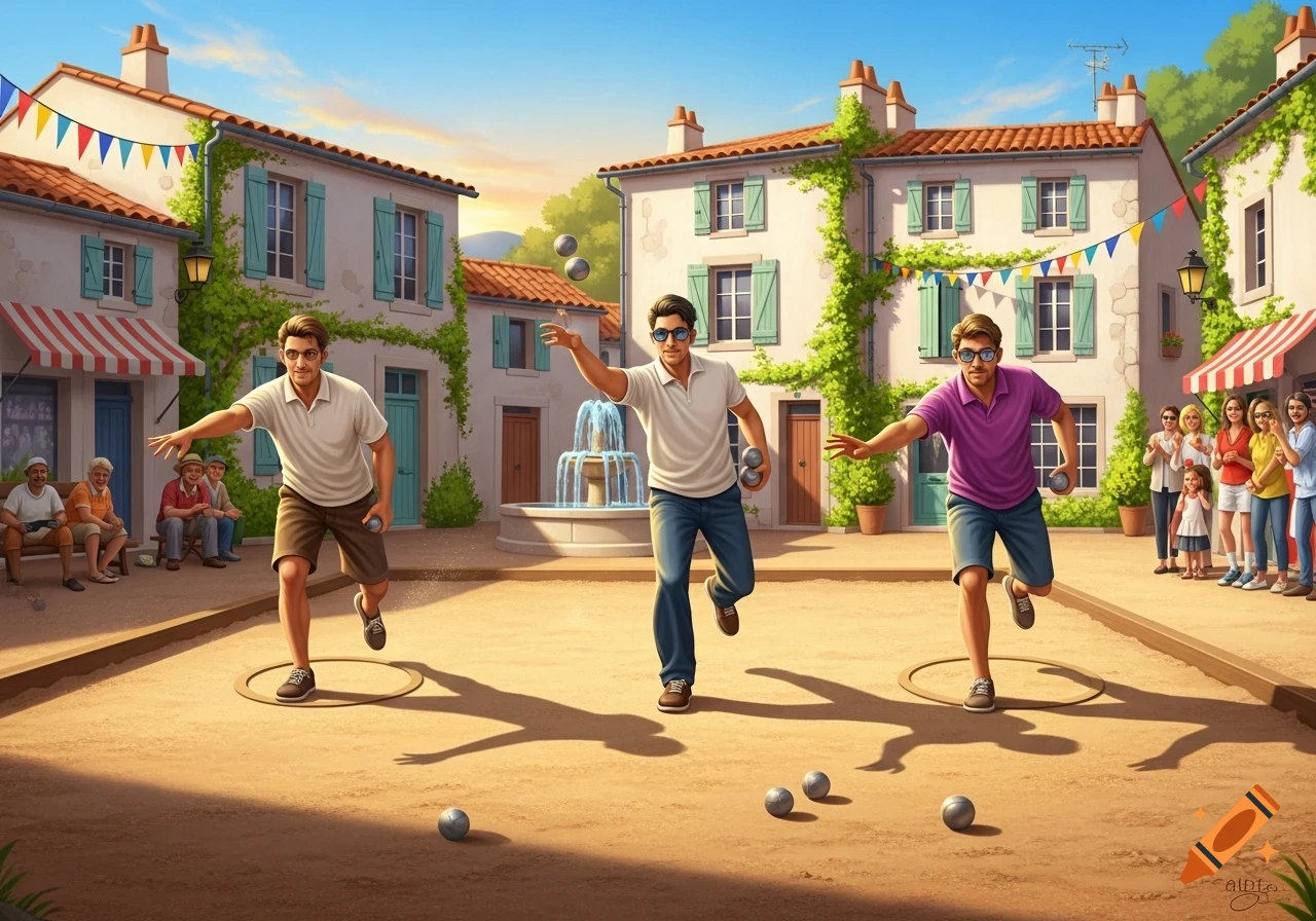 Three men playing pétanque in a sunny village square with spectators, in a stylized illustration.