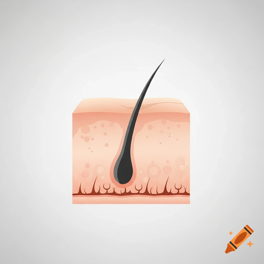 A simplified cross-section illustration of human skin with a single hair follicle and shaft.