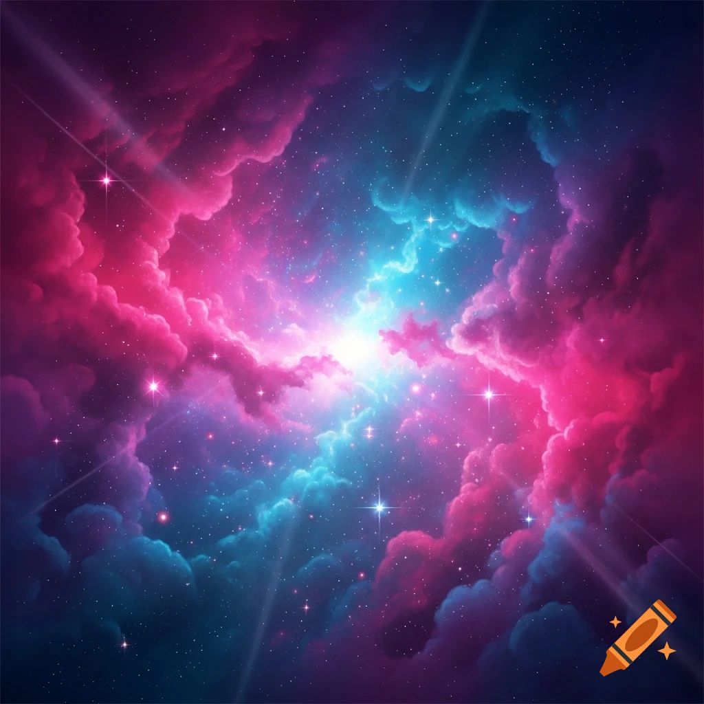 Dreamy celestial sky with vibrant pink, purple, and blue nebulae, sparkling stars, and glowing cosmic clouds.