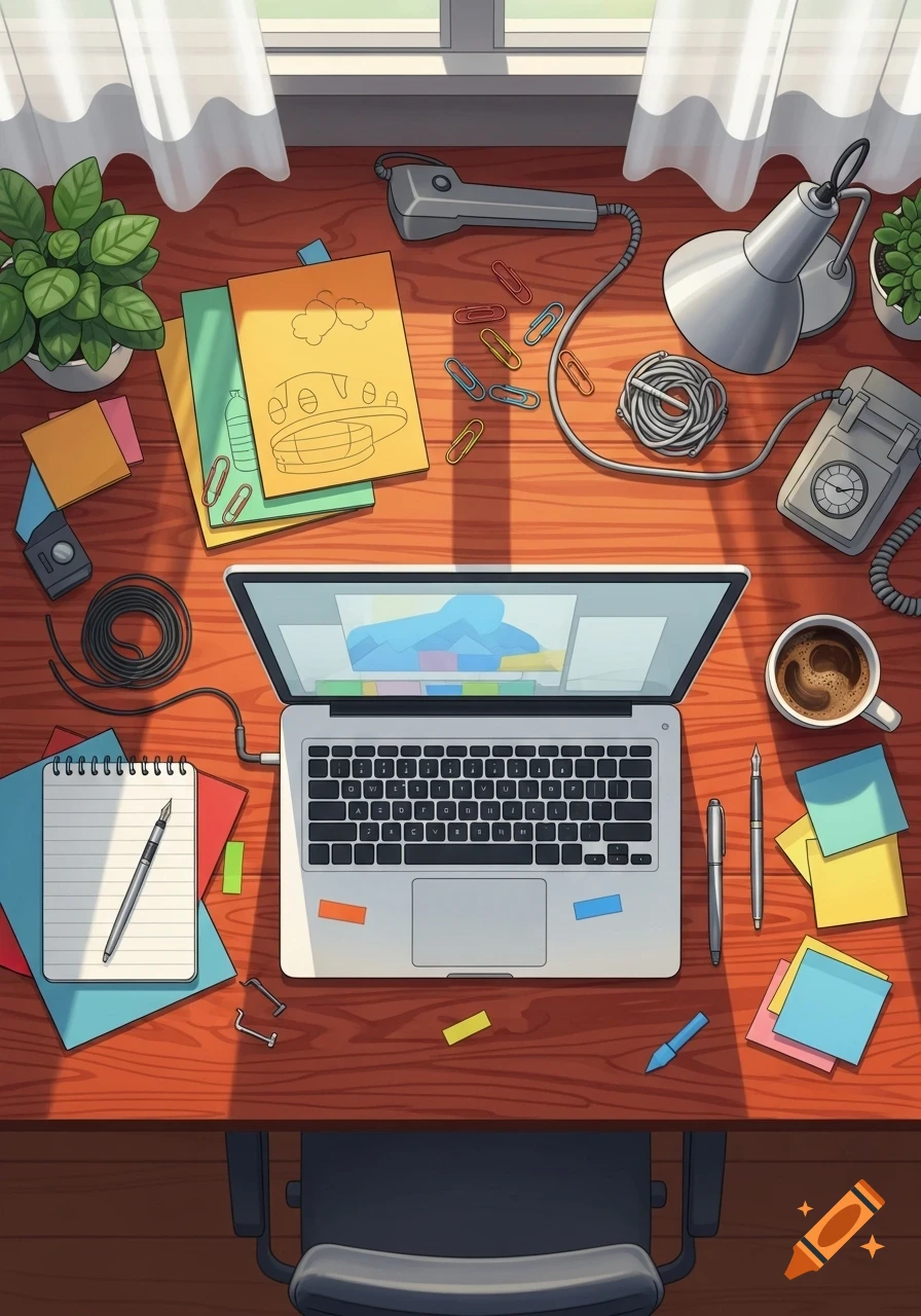 A top-down view of a neatly organized wooden desk with a laptop, coffee, plants, and office supplies next to a window.
