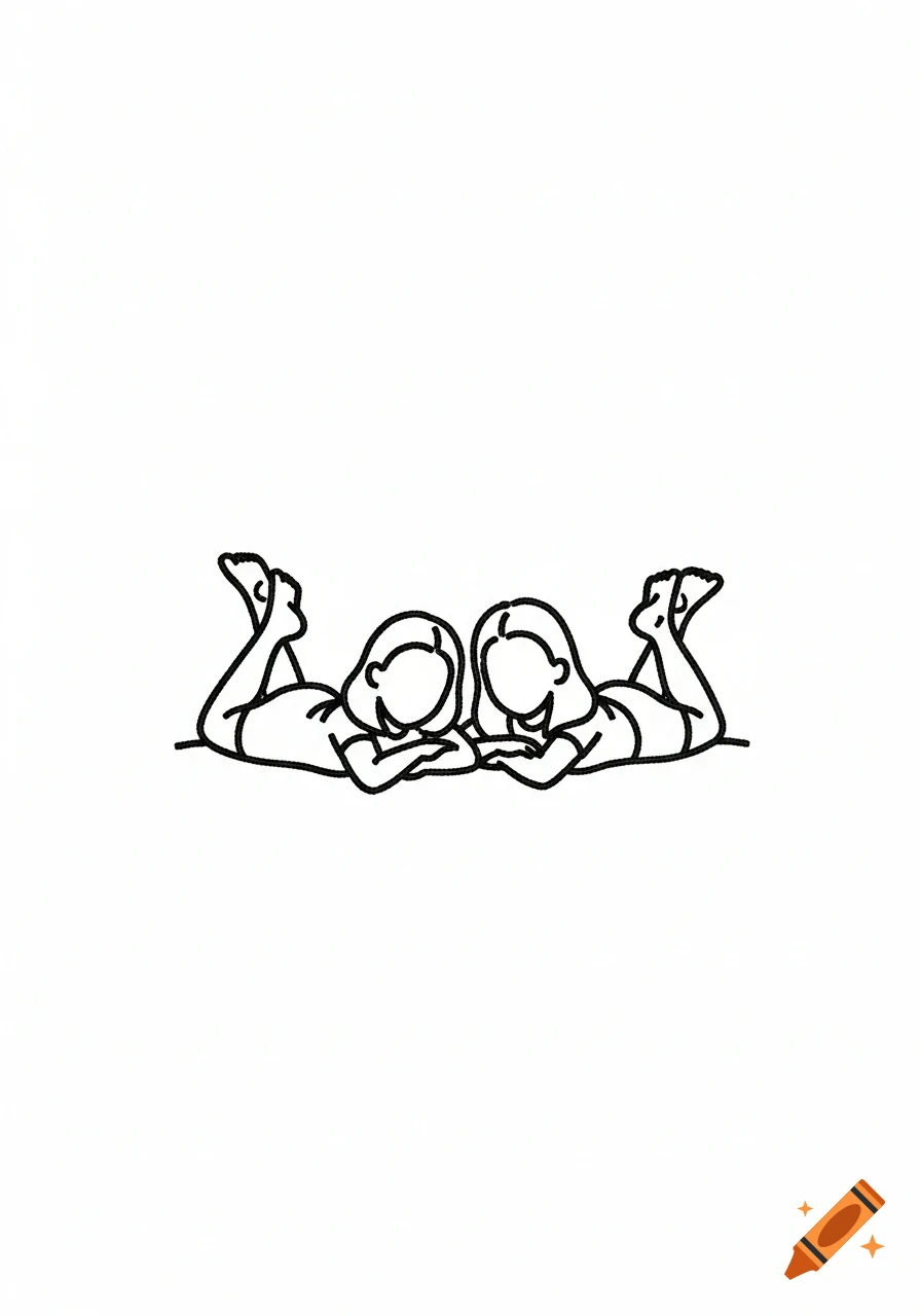 Black and white line art illustration of two friends lying down side by side, looking up, with one leg in the air, against a white background.