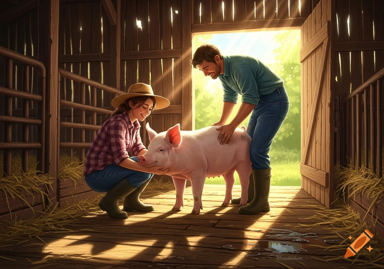 A smiling man and woman pet a pig in a sunlit wooden barn, with hay on the floor.