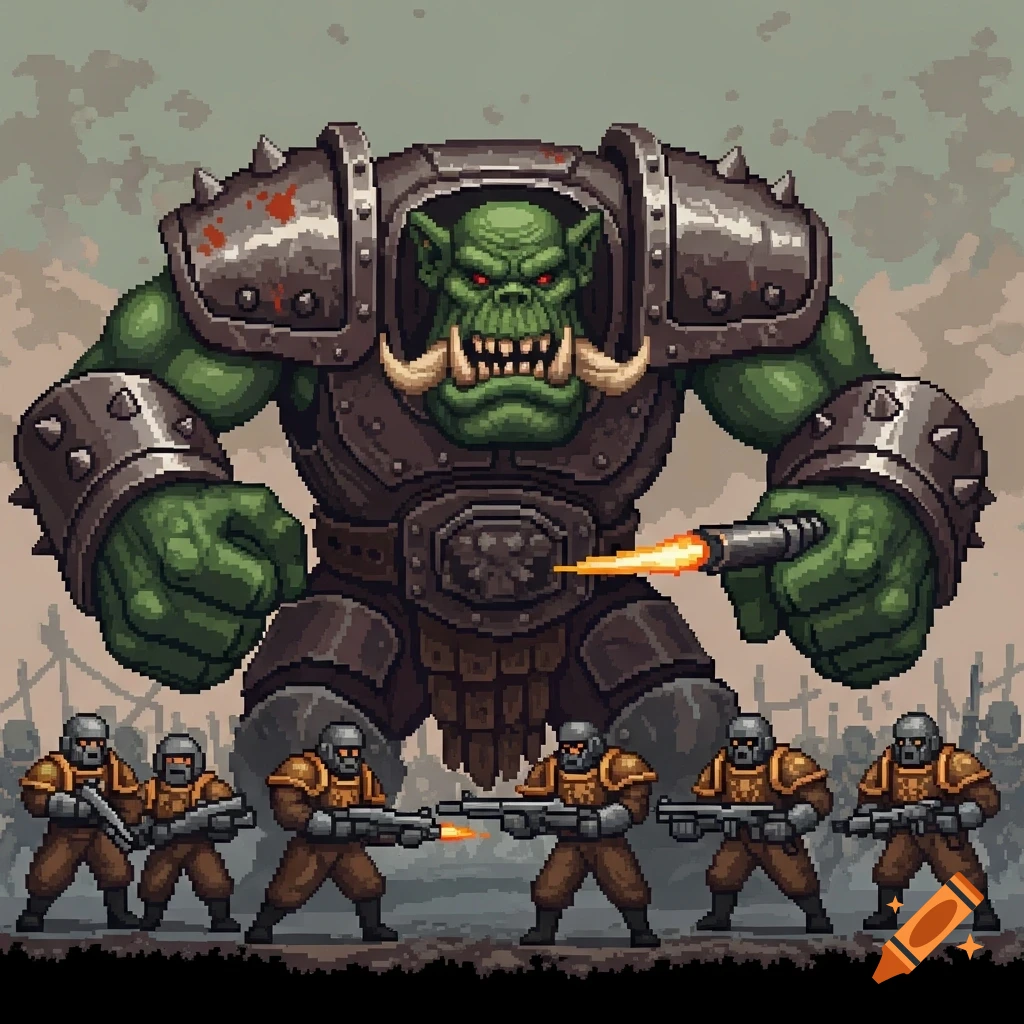 A large pixel art orc in armor with a firing weapon stands behind a line of smaller pixel art soldiers firing weapons in a battle scene.
