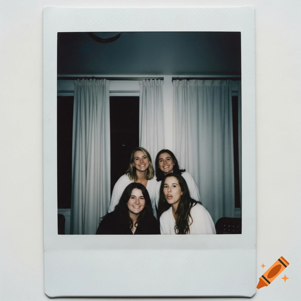 Four smiling women pose for a vintage-style Polaroid photo in front of white curtains.