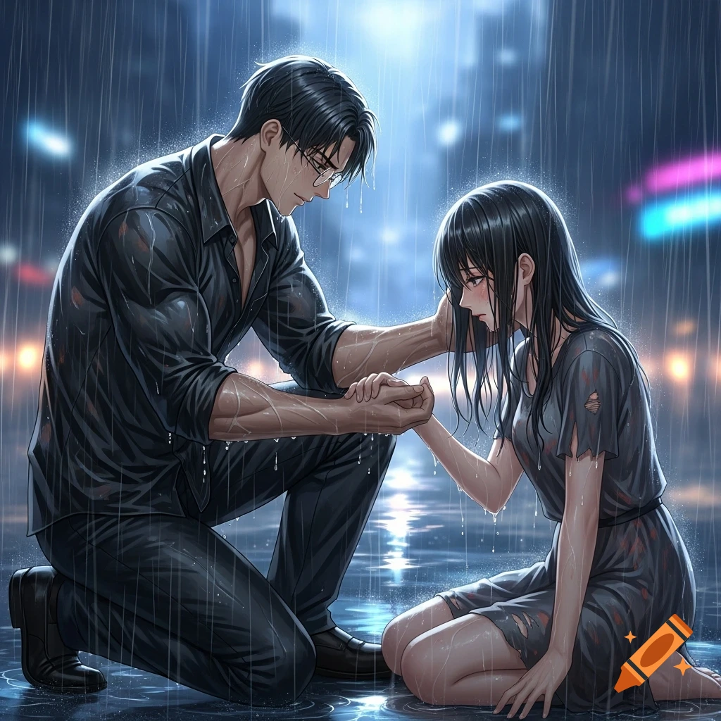 Anime style drawing of a man kneeling in the rain, comforting a distressed woman also kneeling on the wet ground. City lights blur in the background.
