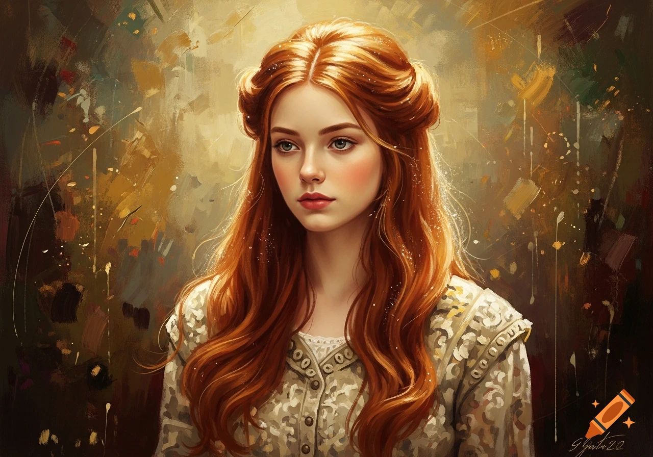 Expressionistic acrylic painting of a red-haired young woman in 1890s attire, with a warm, painterly background.