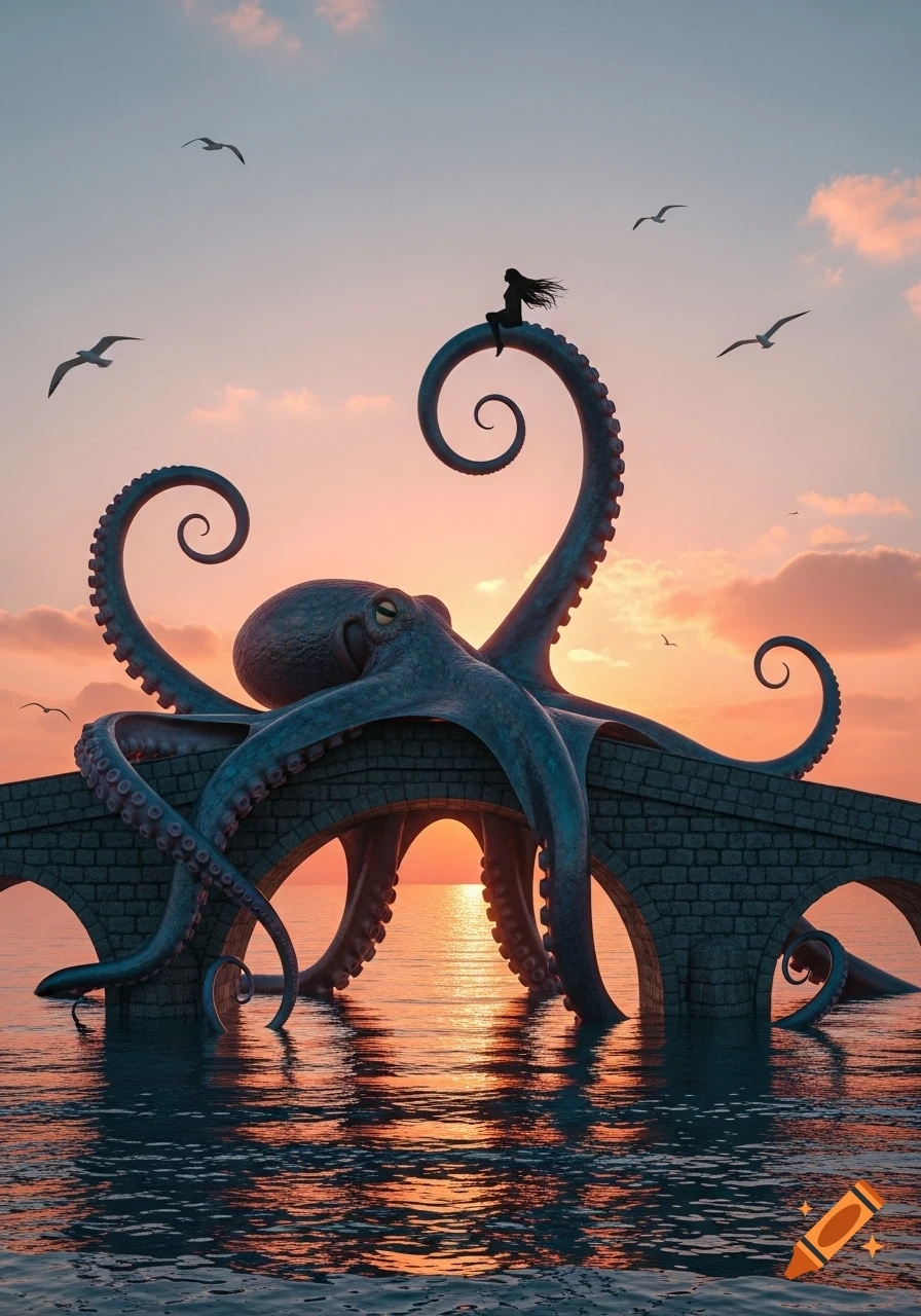 A giant blue octopus on a stone bridge over the ocean at sunset, with a silhouetted woman perched on a curled tentacle as seagulls fly.