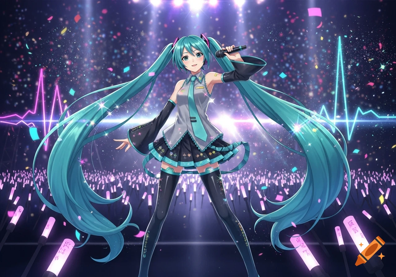 Hatsune Miku, an anime character with long turquoise pigtails, sings on a brightly lit concert stage with a crowd of glow sticks.