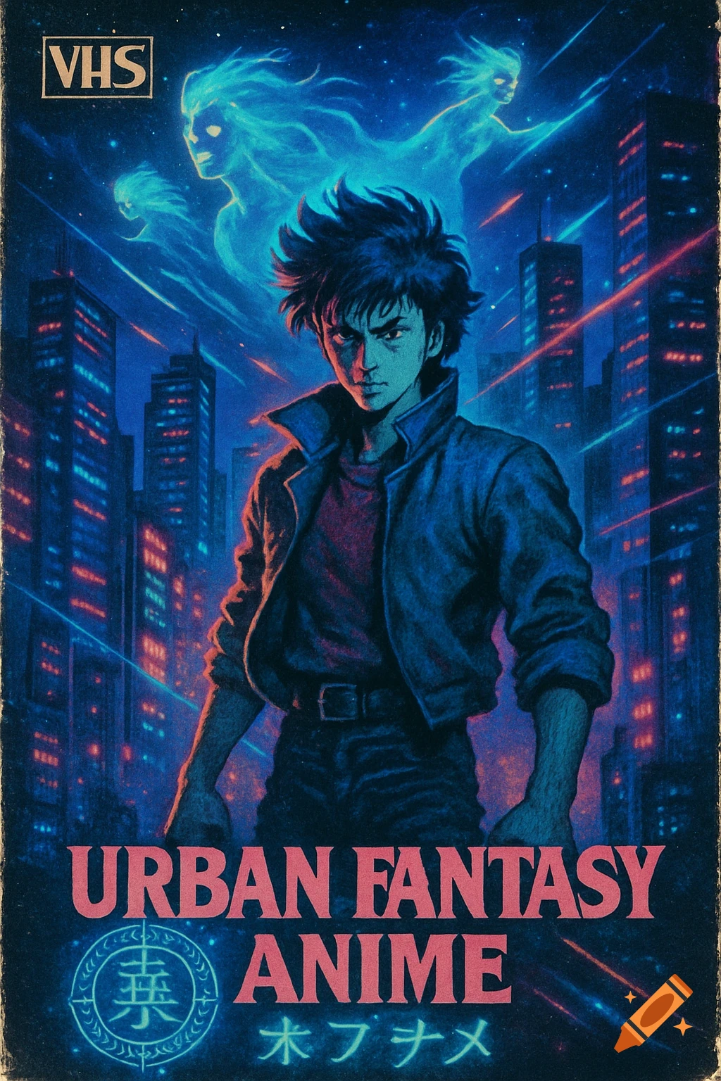A retro VHS cover of an 80s urban fantasy anime, featuring a spiky-haired male protagonist against a neon cityscape with ghostly figures and text that reads "URBAN FANTASY ANIME".