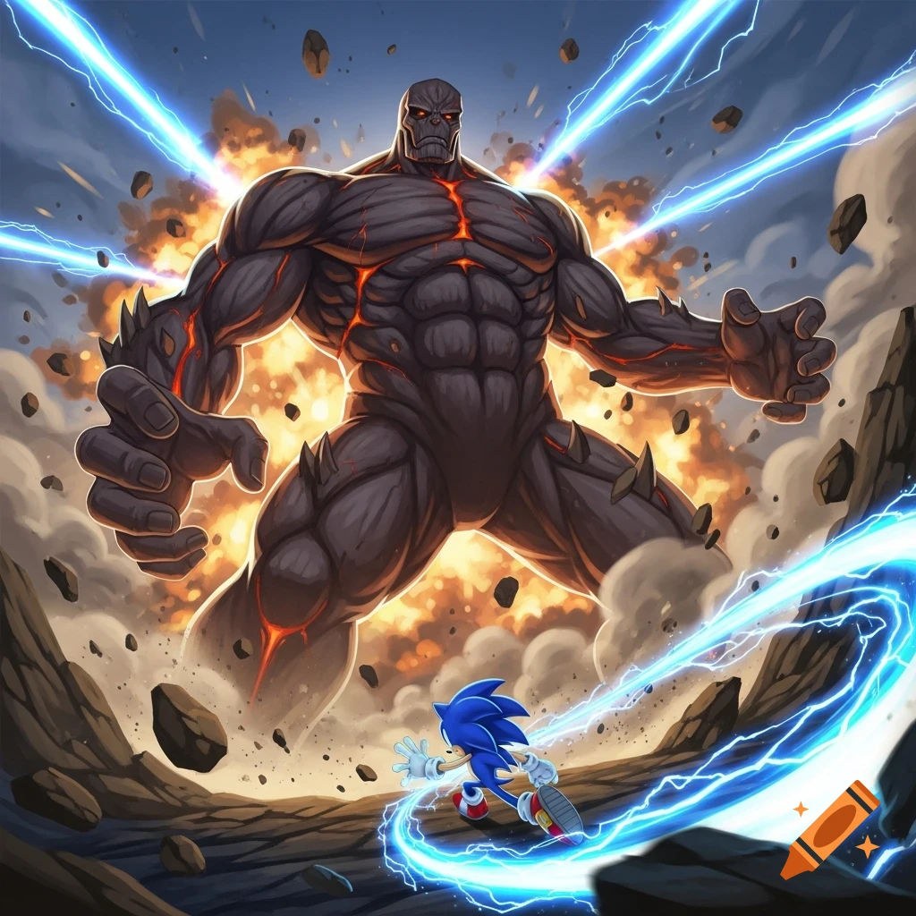 An anime illustration of a colossal, muscular, rock-like titan fighting Sonic the Hedgehog amid explosions and lightning on rocky ground.