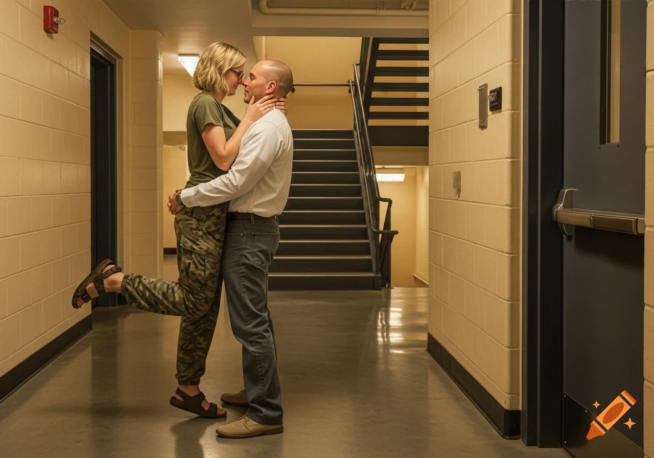 A man and woman embrace in a hallway with stairs in the background, their faces close as if about to kiss, in a candid, photorealistic style.