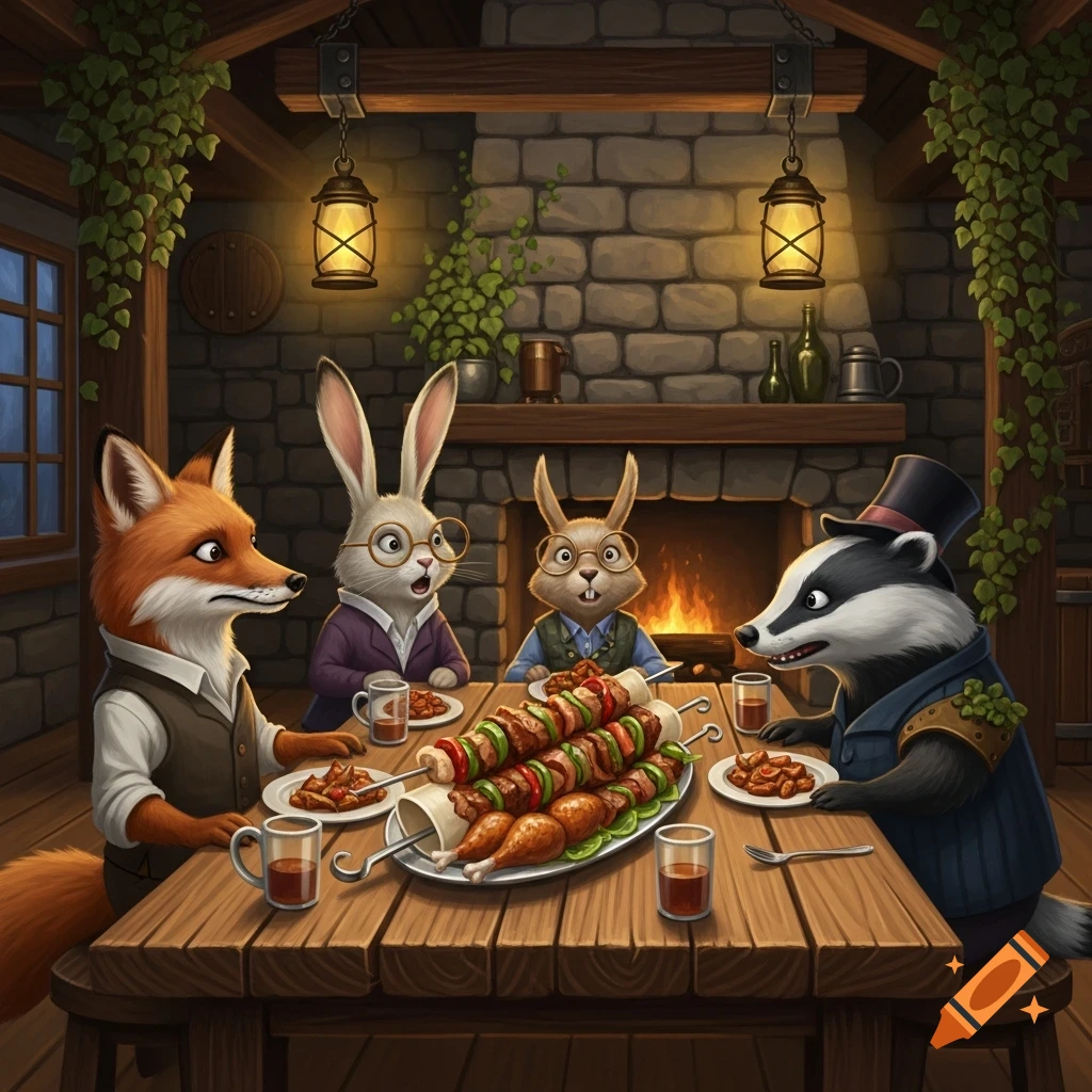 Anthropomorphic fox, rabbits, and badger dine on kebabs and chicken drumsticks at a rustic wooden table in a cozy tavern.