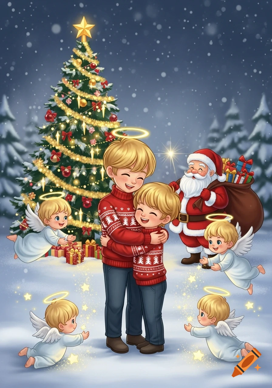 Two blonde boys hug in a snowy Christmas scene with a decorated tree, Santa Claus, and five baby angels playing with sparkling stars.