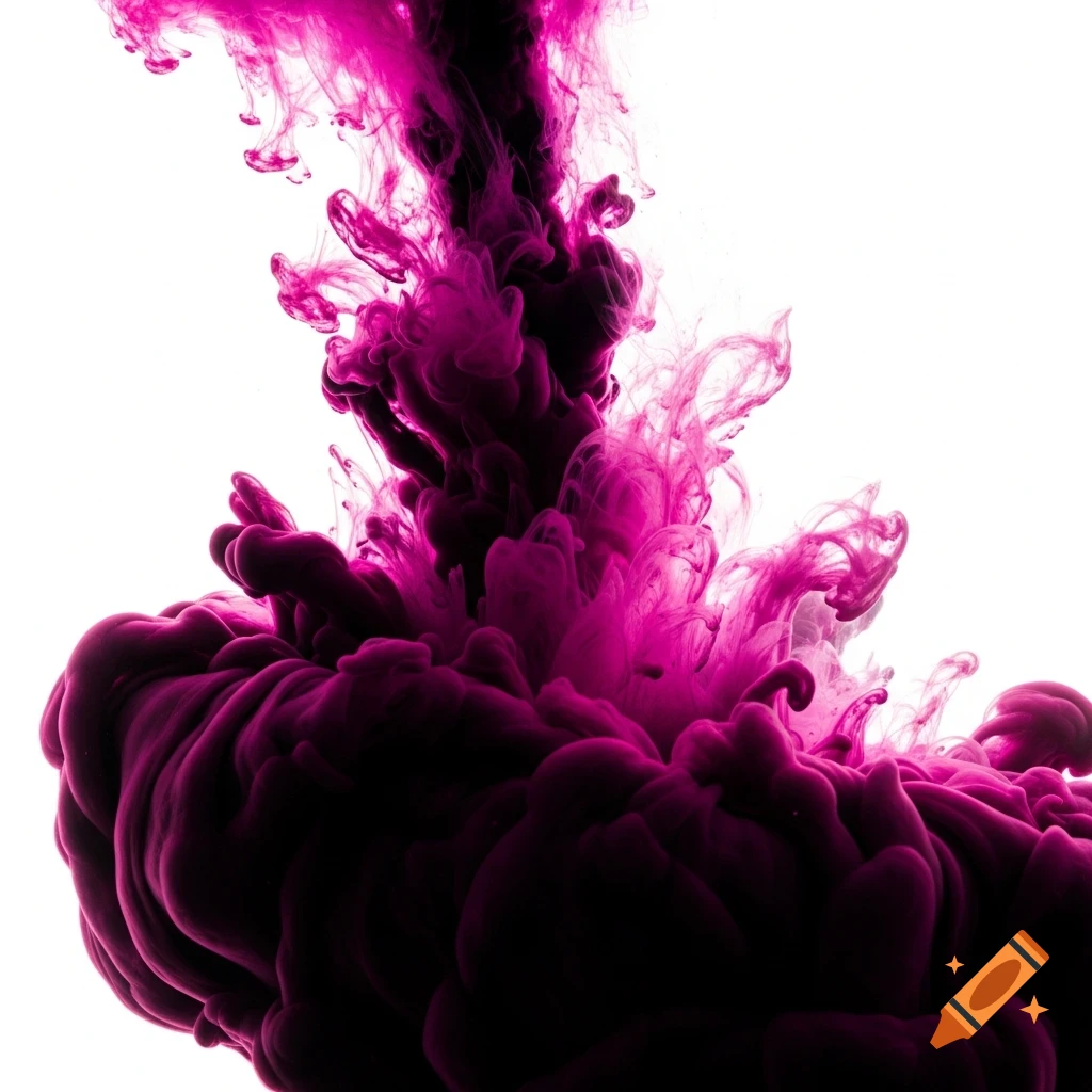 Vibrant pink and black ink dissolving in water, creating intricate, swirling plumes against a white background.
