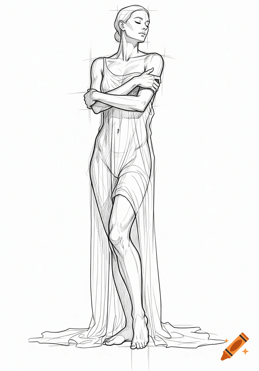 Sketch drawing of a woman draped in flowing, transparent fabric, standing with arms crossed and eyes closed.