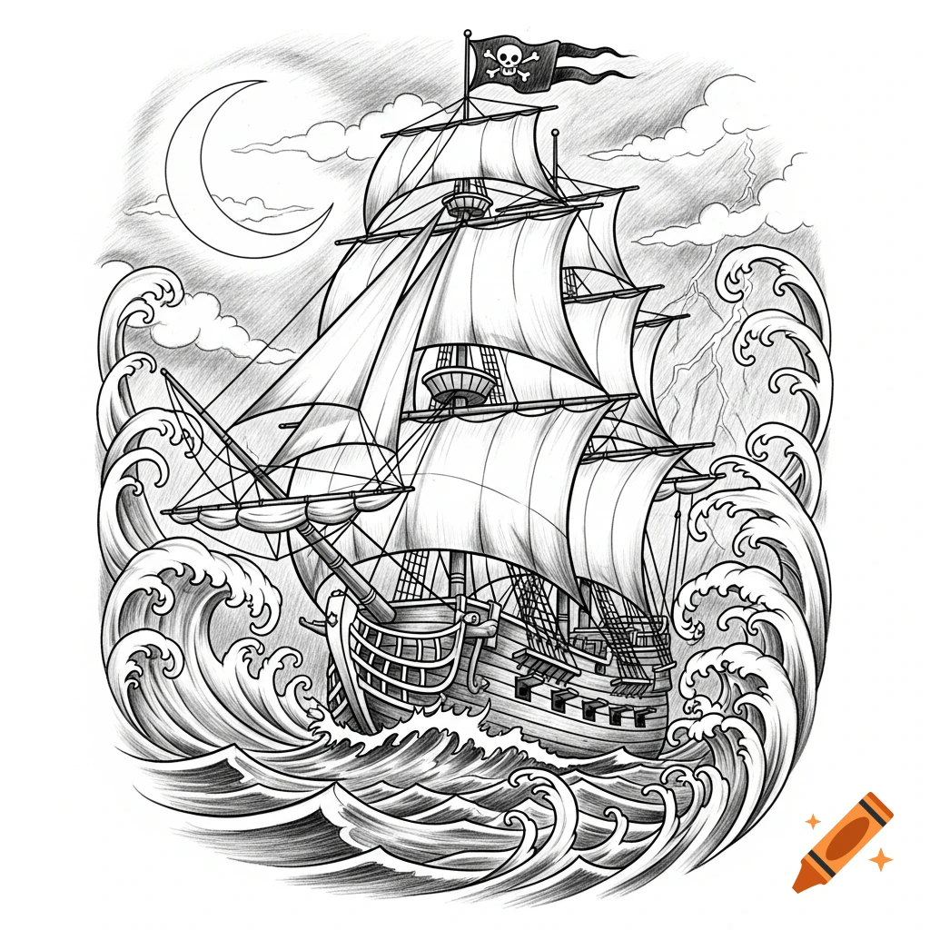 A black and white tattoo sketch design of a pirate ship sailing through turbulent waves under a crescent moon, with a skull and crossbones flag.
