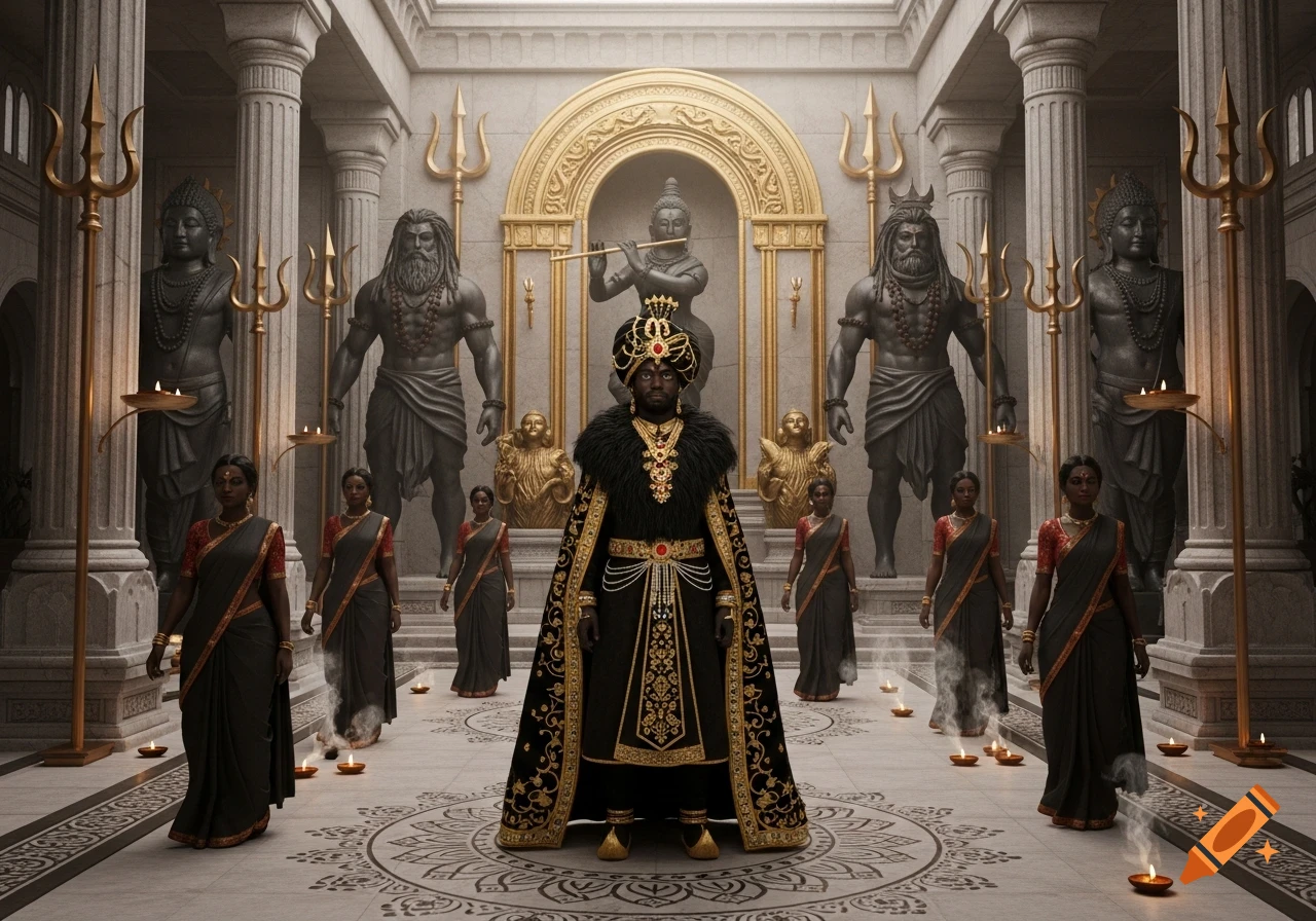 A regal Black Indian king in ornate black and gold attire stands in a grand temple surrounded by queens and statues of deities.
