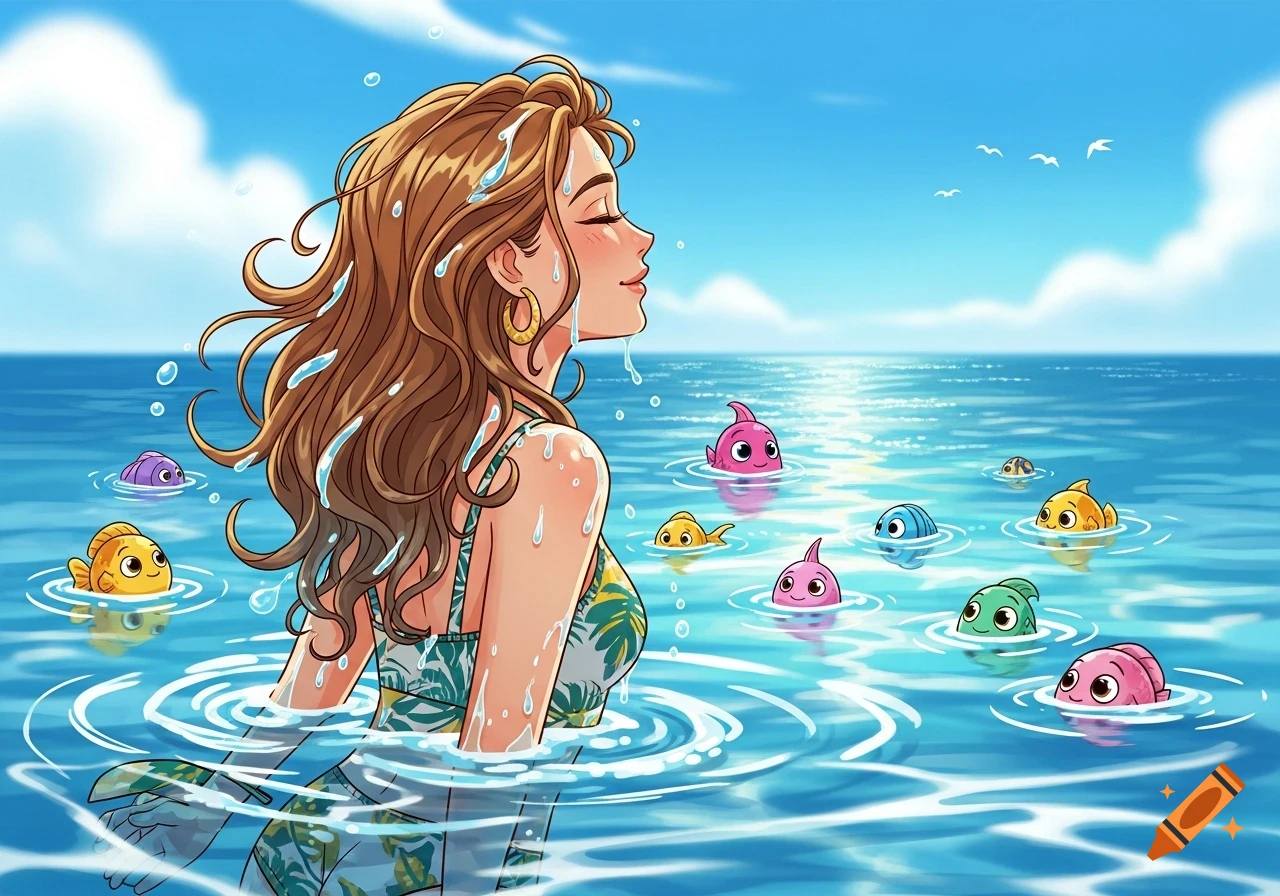 A cartoon woman with long brown hair emerges from a blue sea, eyes closed in peace, surrounded by colorful cartoon fish.