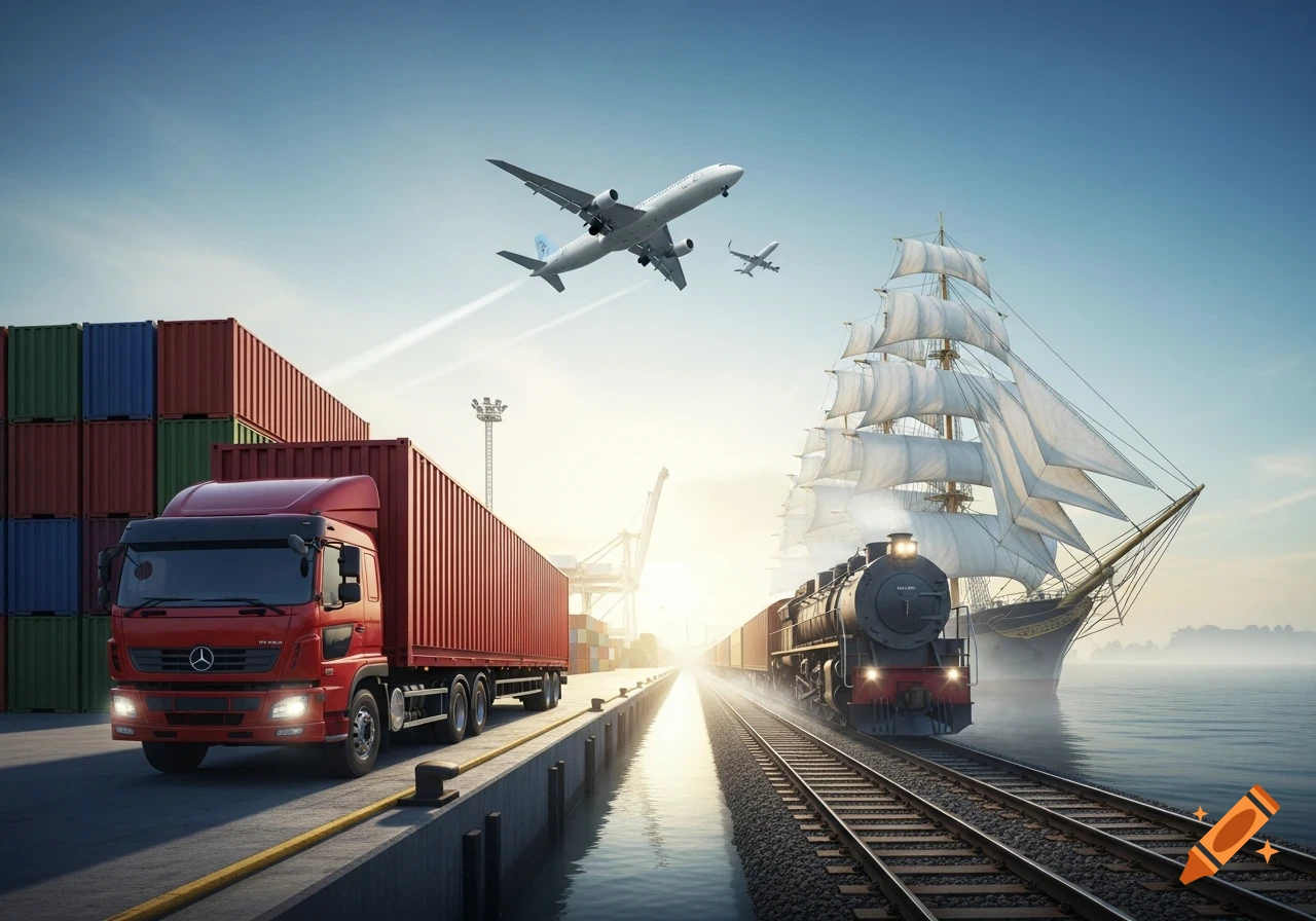 A red semi-truck, cargo train, airplanes, and a sailing ship in a bustling port, symbolizing global logistics.