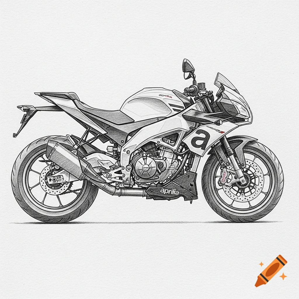 Detailed pencil sketch of an Aprilia motorcycle on a white background.