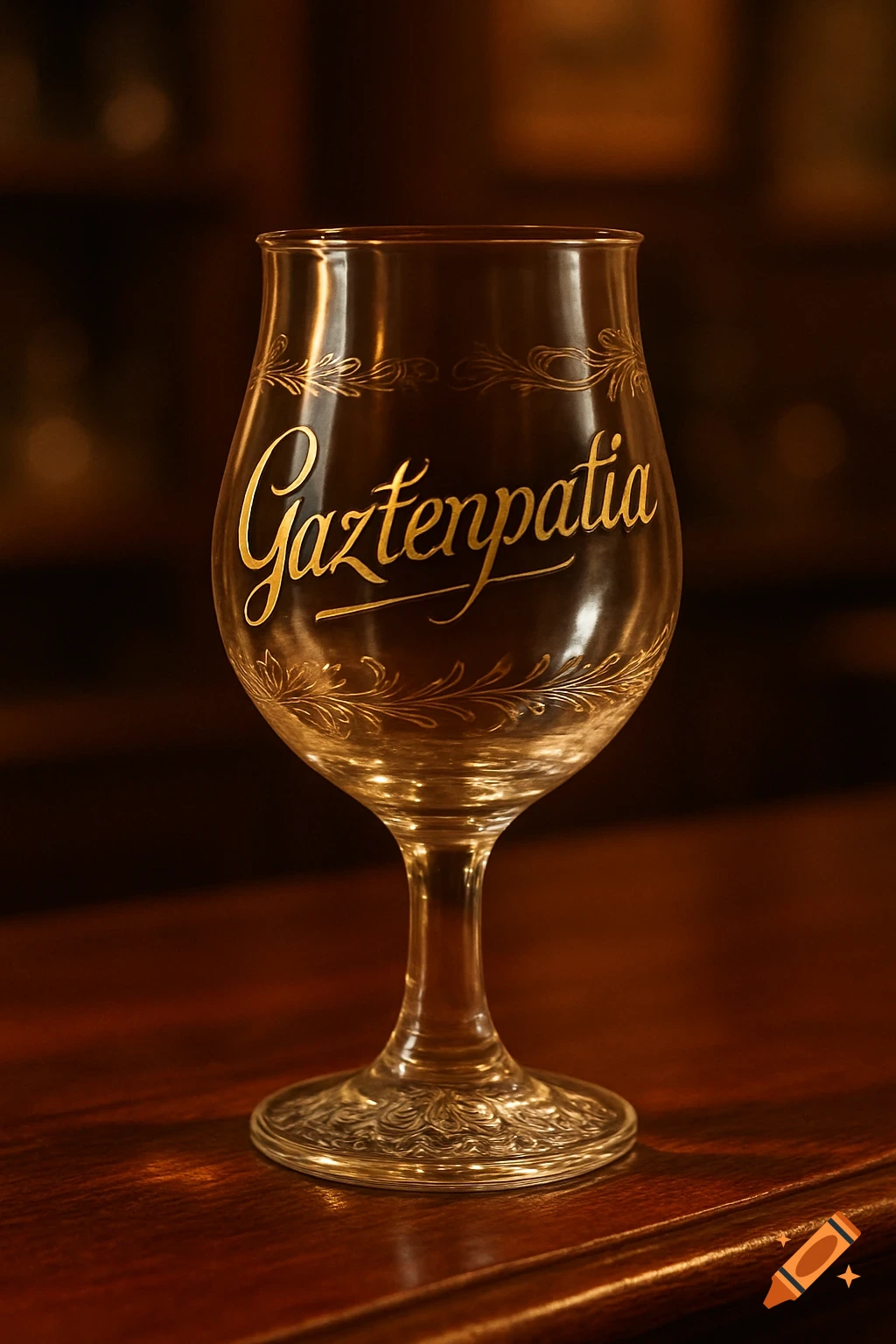 A clear glass goblet with "Gaztenpatia" in gold script and decorative flourishes, sitting on a polished wooden bar.