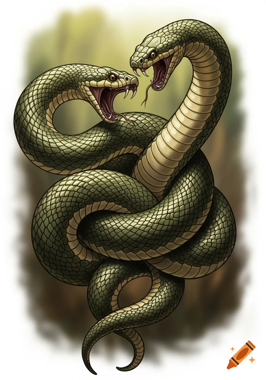 Two green snakes with open mouths, fangs, and forked tongues, wrapped around each other in an aggressive pose, illustrated style.