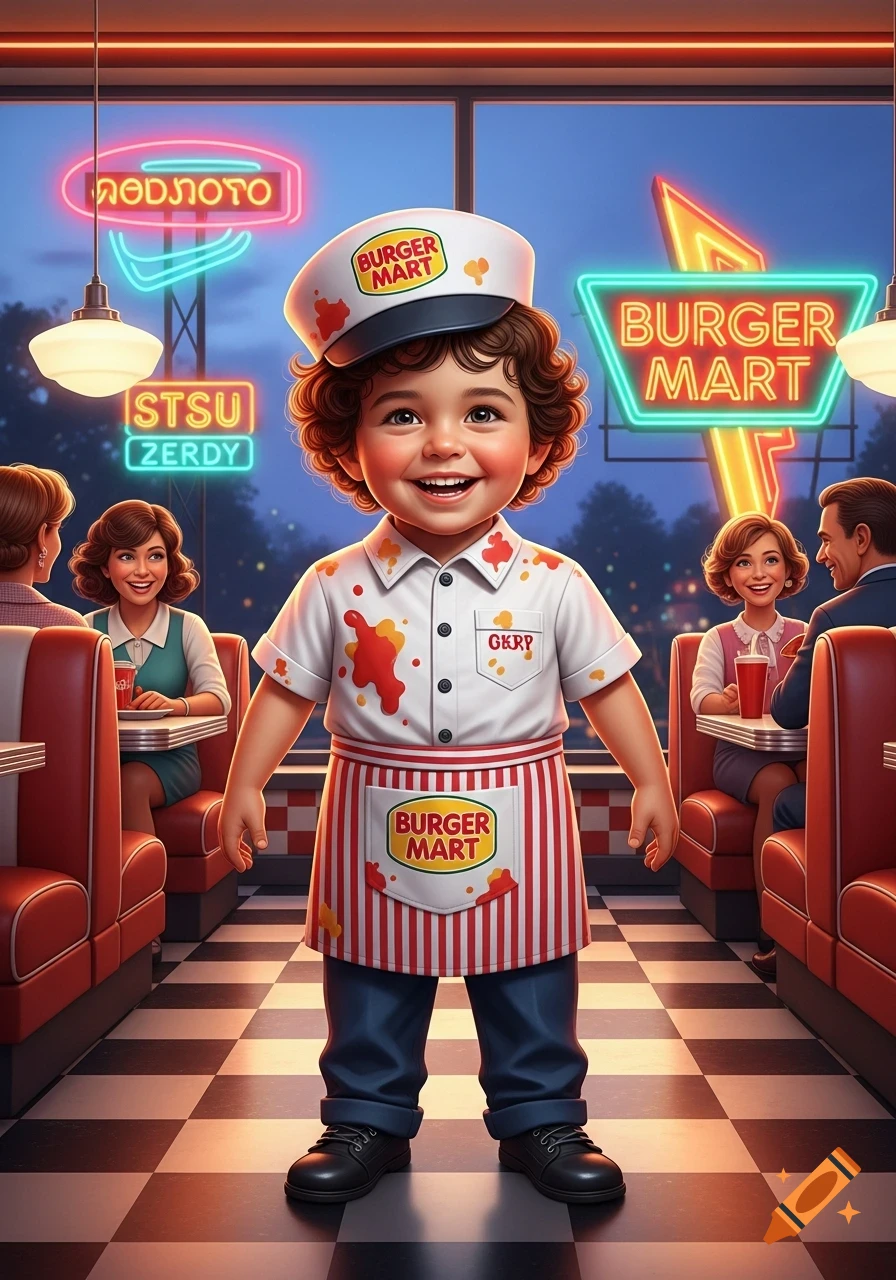 A smiling child with curly hair wears a white uniform with red and white striped apron, a cap, and red splatters, standing in a brightly lit retro diner with neon signs.