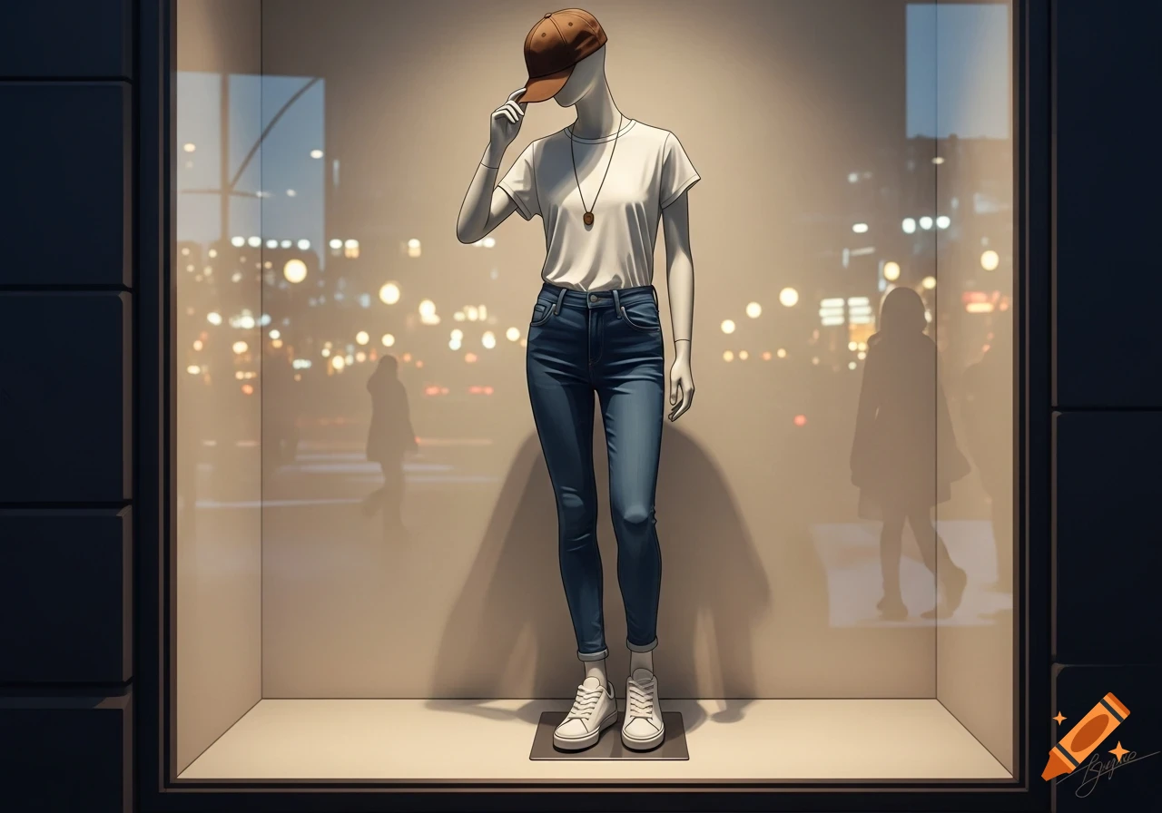A mannequin dressed in blue jeans, a white t-shirt, brown cap, and white sneakers stands in a store window with blurred city lights in the reflection.