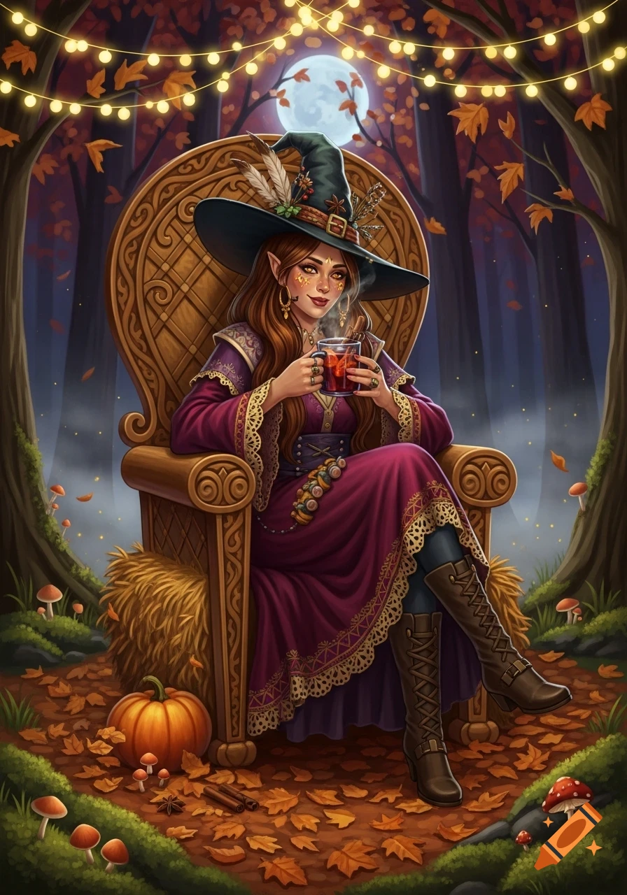 A witch with elf ears and a pointed hat sits on a throne, drinking from a mug in an autumn forest with string lights and a pumpkin.